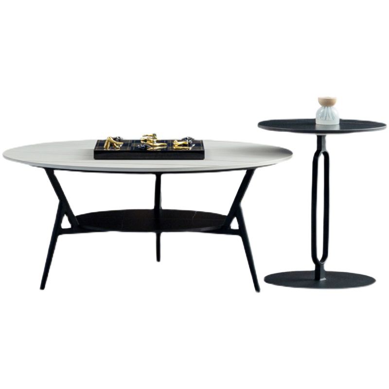 Modern Slate Trestle Coffee Table with Storage Round Cocktail Table in Grey Clearhalo 'Coffee & Accent Tables' 'Coffee Tables' 'coffee_tables' 'furn' 'furn_coffee_tables' 'Furniture' 'furniture_coffee_tables' 'Living Room Furniture' 1200x1200_9407f90a-9d49-4bbc-9ac6-75e7ddec7b2a