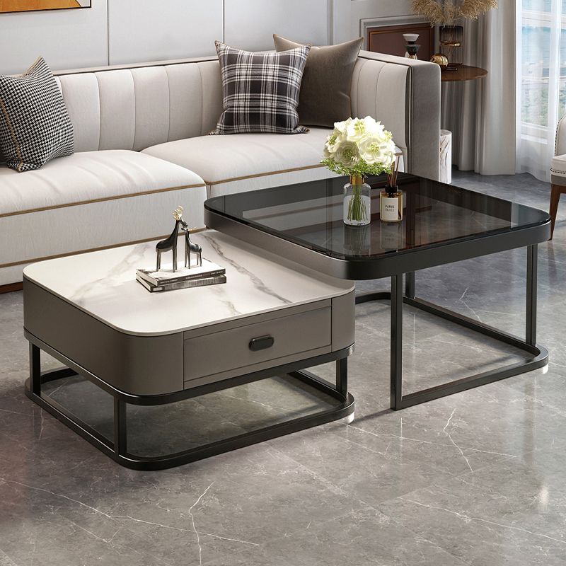 Modern 2 Nesting Glass Coffee Table Set Steel Frame Base 1 - Drawer Cocktail Table Clearhalo 'Coffee & Accent Tables' 'Coffee Tables' 'coffee_tables' 'furn' 'furn_coffee_tables' 'Furniture' 'Living Room Furniture' 1200x1200_94376fbf-a8eb-4cda-a282-ec7c95c089da