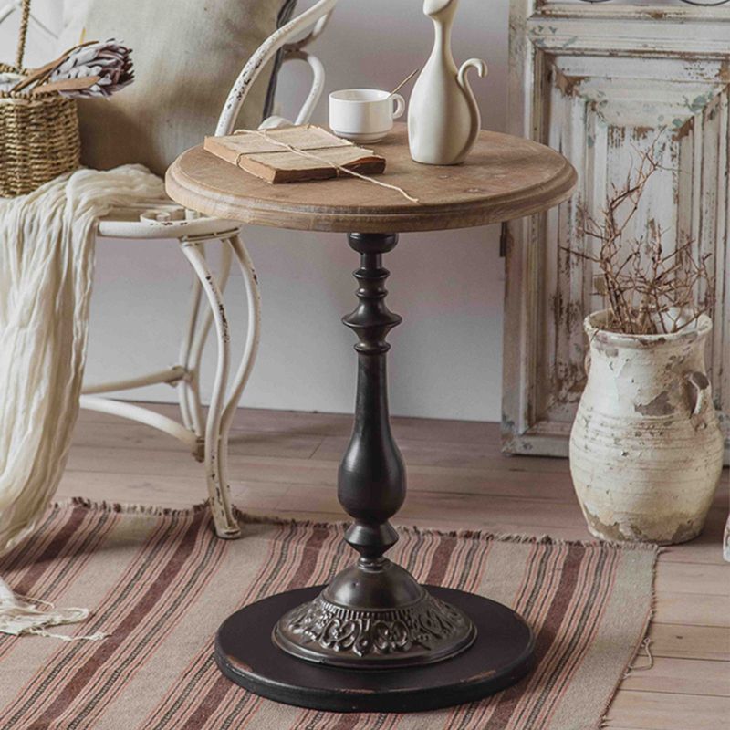 Rustic Wooden Round Top Side Table Metal Pedestal End Table - Distressed Surface Treatment