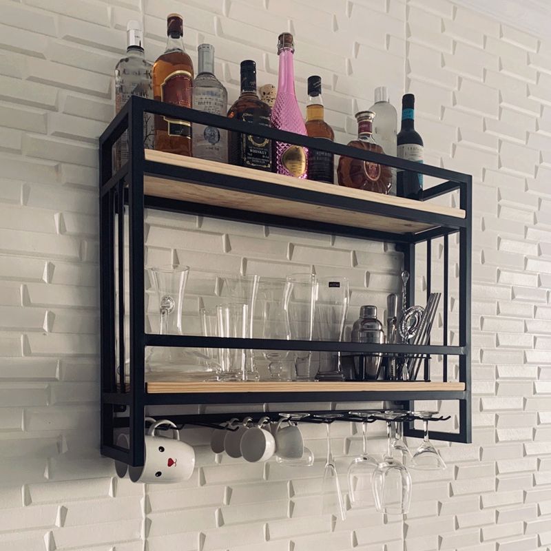 Modern Wall Mounted Wine Racks Metal Wine Jail With Glass Holder & Storage Shelf Clearhalo 'furn' 'furn_wine_racks' 'Furniture' 'Kitchen & Dining Furniture' 'Wine Racks' 'wine_racks' 1200x1200_946dea0b-c581-40bb-8c0e-148829a6f580