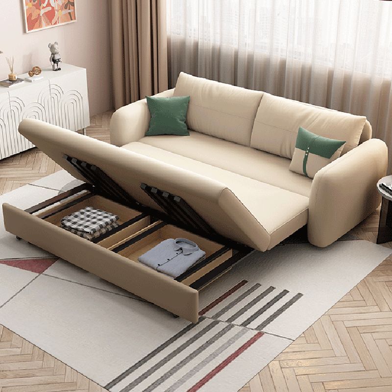 Contemporary Convertible Cotton Blend Square Arm Couch Bed in Beige