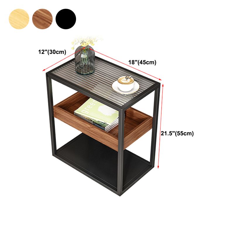 21.6" Tall Modern Rectangular Glass Top Side Table Iron Frame End Table with Shelves