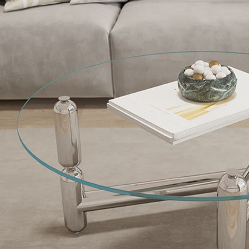 Modern Round Glass Coffee Table Stainless Steel 3 Legs Cocktail Table
