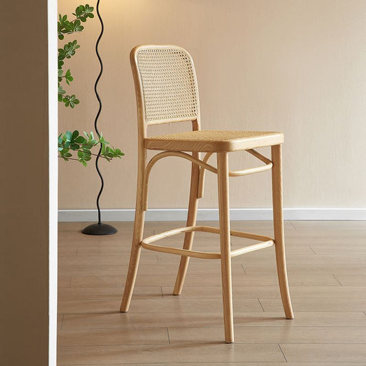 Sgabello da bar rattan senza braccio contemporaneo con base in legno massiccio di cenere