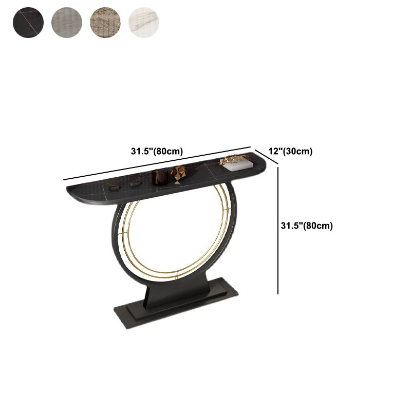 Tavolo da conole moderno con top mezza luna di pietra e base di piedistallo nero