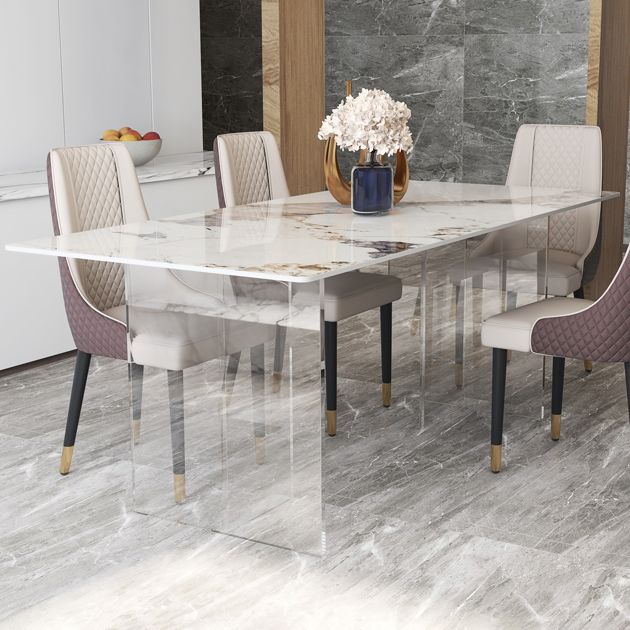 Mesa de comedor de piedra sinterizada moderna mesa de doble pedestal con base acrílica para el hogar