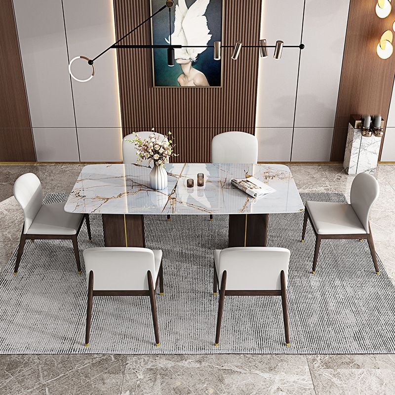 Juego de comedor rectangular de 1/4/5/6/7 piezas, mesa de comedor con tapa de piedra sinterizada y sillas de cuero