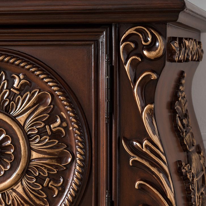 Console multimediale tradizionale in legno di gomma, supporto TV con finitura opaca e cassetti