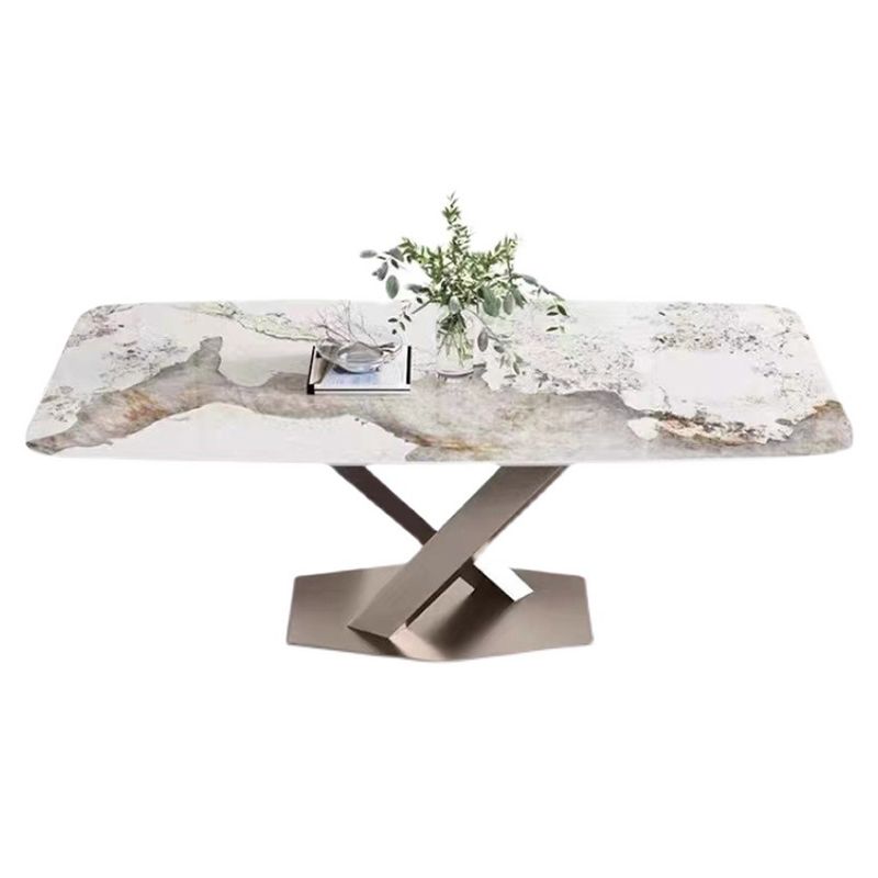 Metal Traditional Luxury Rectangle Table Sintered Stone Top Table with Pedestal