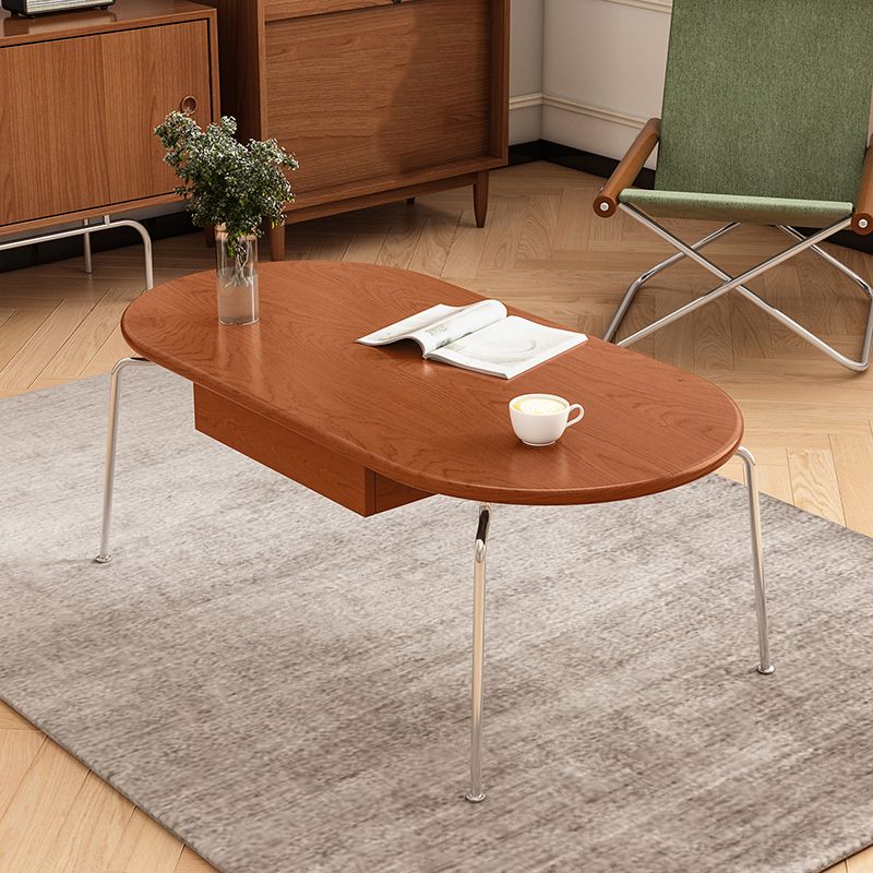Steel 4 Legs Cocktail Table Oval Wood Top Coffee Table with Drawer Clearhalo 'Coffee & Accent Tables' 'Coffee Tables' 'coffee_tables' 'furn' 'furn_coffee_tables' 'Furniture' 'Living Room Furniture' 1200x1200_952ae3eb-b8fd-449f-85f5-d7049d0815f2