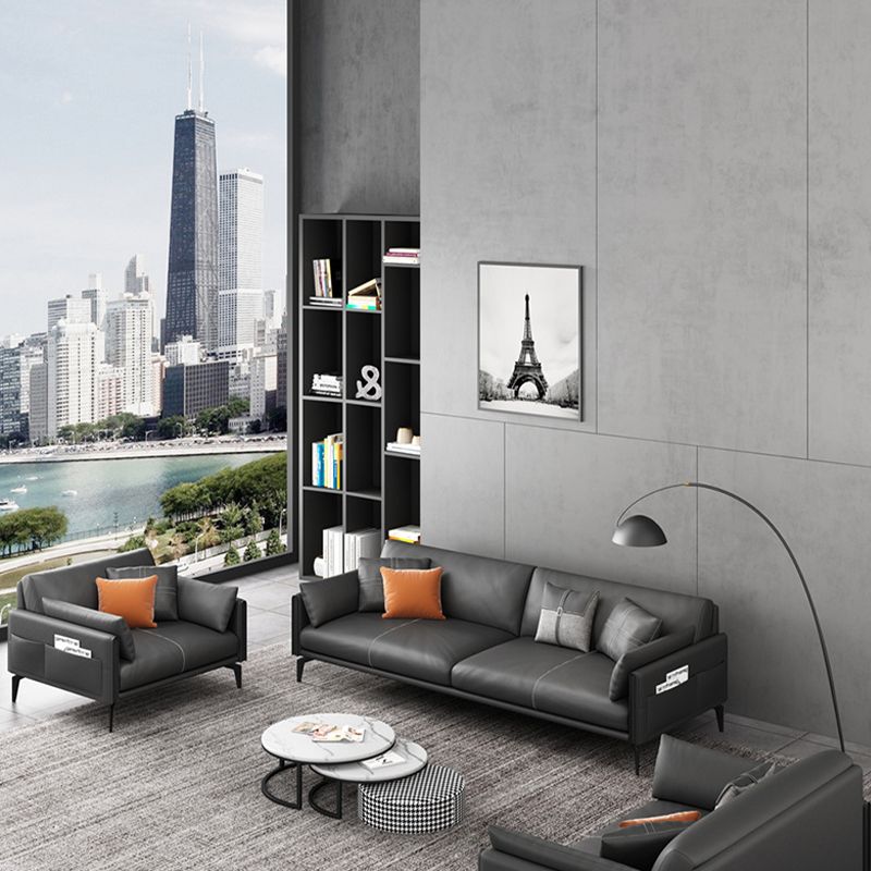 Black Upholstered with Pillow Back Against Leather/leather Seat Clearhalo 'furn' 'furn_sofas' 'Furniture' 'furniture_sofas' 'kitchen' 'kitchen_sofas' 'Living Room Furniture' 'Sofa' 'sofas' 1200x1200_9533c766-ee08-410a-834a-53972c9fa5c8