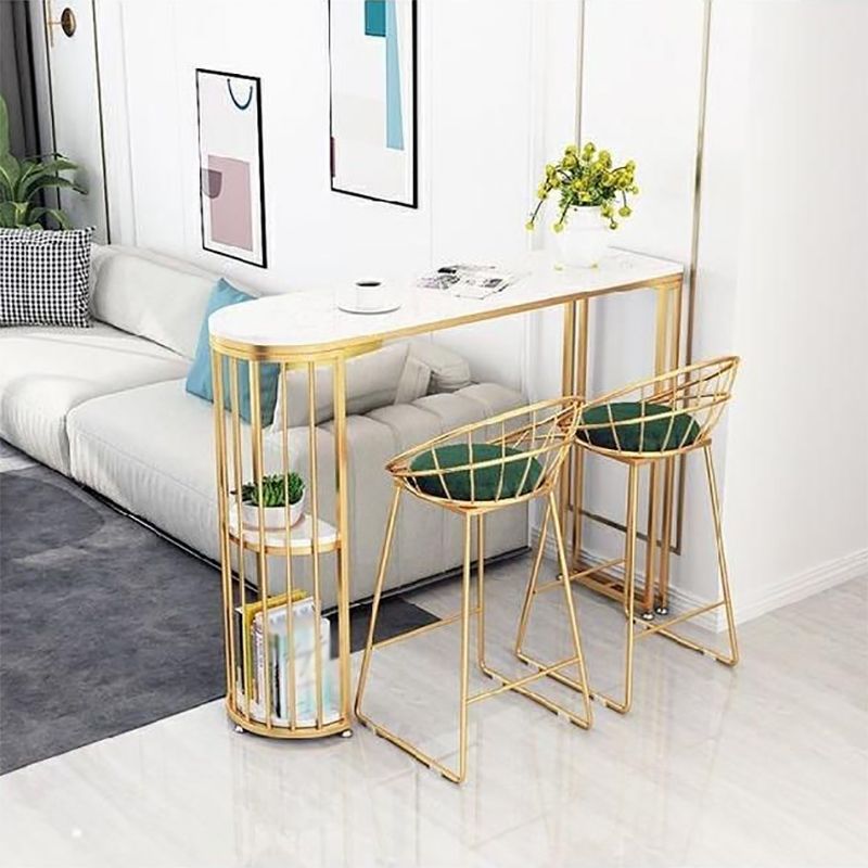 Glam White Faux Marble Pub Bar Table Gold Iron Double Pedestal Bar Dining Table with Shelf Clearhalo 'Bar Furniture' 'Bar Tables' 'bar_tables' 'furn' 'furn_bar_tables' 'Furniture' 'furniture_bar_tables' 'Kitchen & Dining Furniture' 1200x1200_955c6dbe-d2b4-4e43-bbf2-852efc84ed02