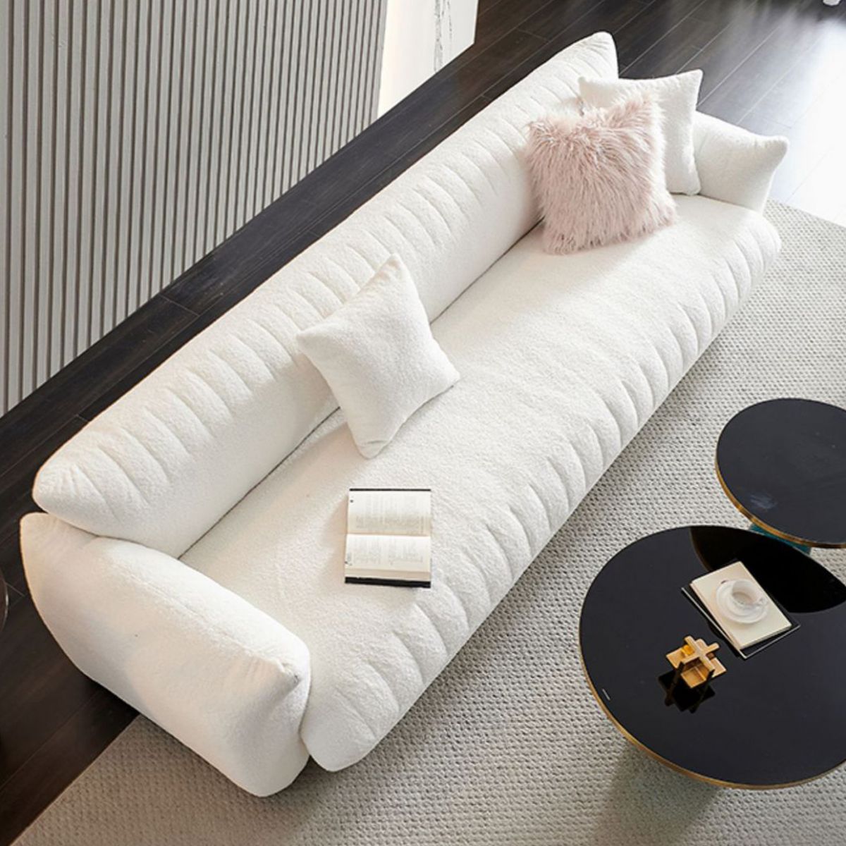 Modern 28.74" H Wool Recessed Arm Sofa in White for Living Room
