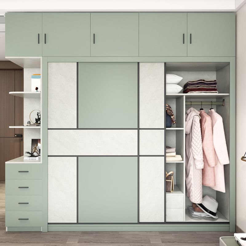 Green and White Bedroom Storage Cabinet Modern Sliding Door Cabinet with Drawers