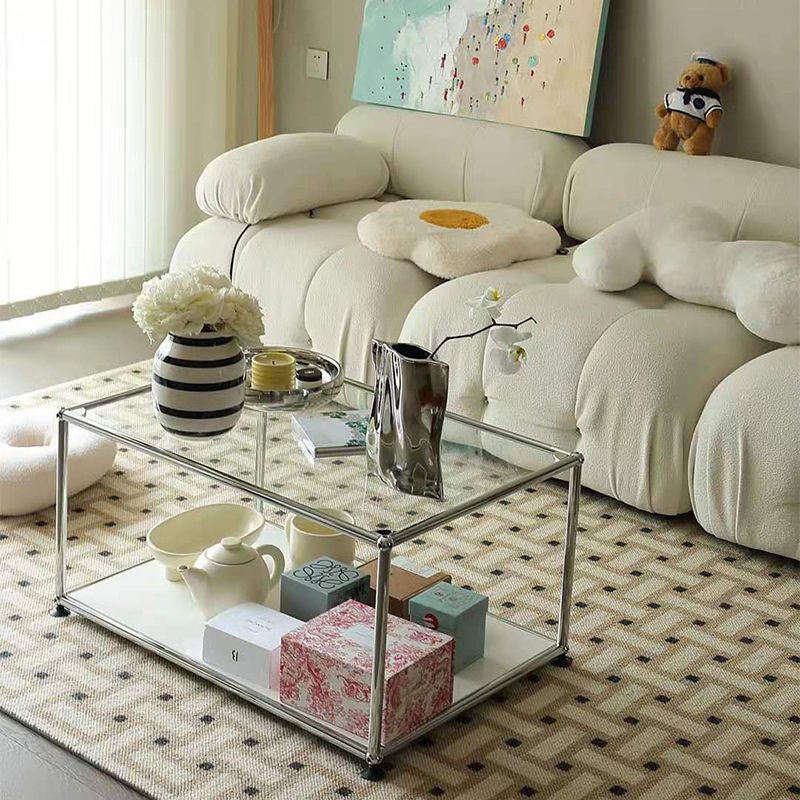 Rectangular Steel Coffee Table Modern Glass Top Cocktail Table with Floor Shelf