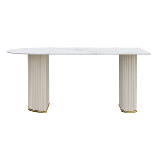 Irregular Island Sintered Stone Dining Table Modern Table in White with Metal Double Pedestal