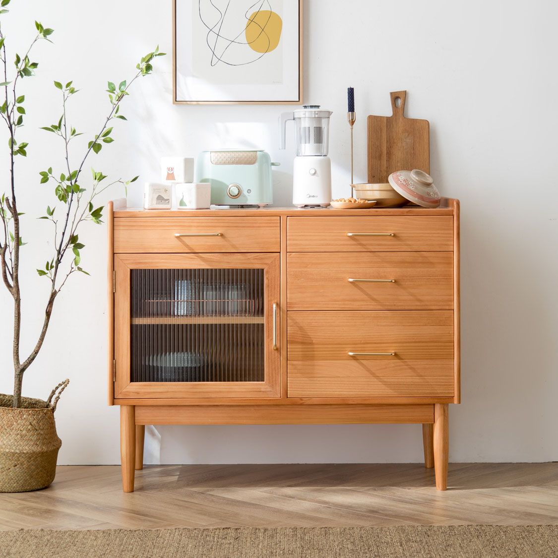 4-Drawer Dining Server Pine Massives Holz Sideboard-Buffet für Esszimmer