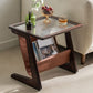 Mesa lateral de vidrio rectángulo moderno Mesa de base abstracta de madera con soporte de revista
