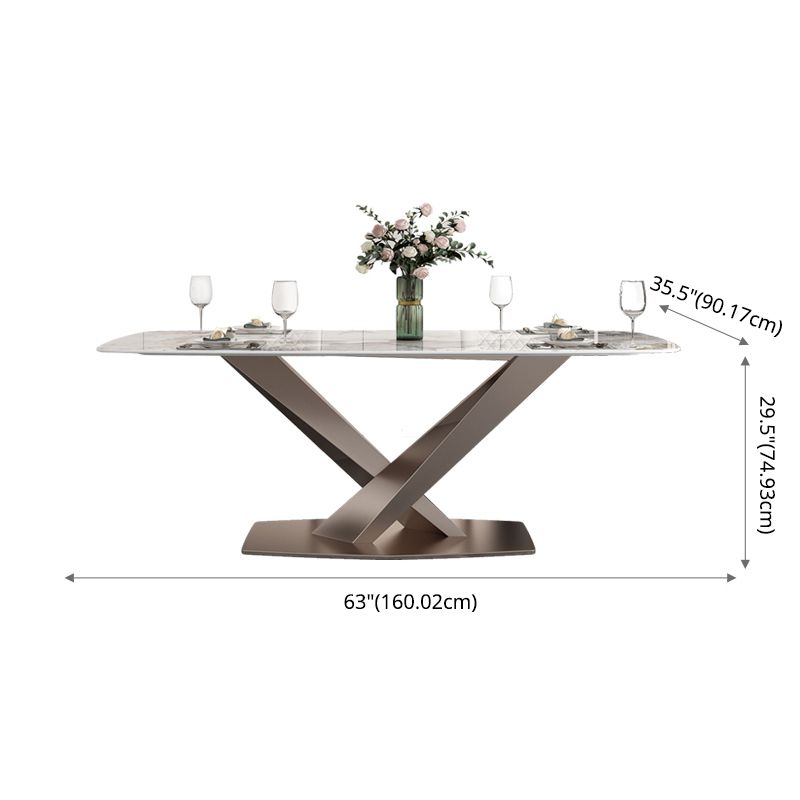 Modern Style Sintered Stone Dining Table with Standard Height Table and Rose Gold Trestle Base Clearhalo 'Dining Room Sets' 'Dining Tables & Seating' 'dining_room_set' 'furn' 'furn_dining_room_set' 'Furniture' 'furniture_dining_room_set' 'Kitchen & Dining Furniture' 'kitchen&dining_furn' 'kitchen' 1200x1200_965e2135-84d3-4c53-b3b8-57ecf625289d
