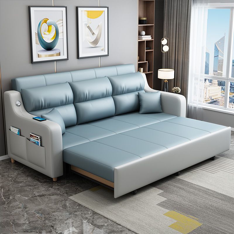 Blue Convertible Sofa Bed Sewn Pillow Back Sofa with Storage