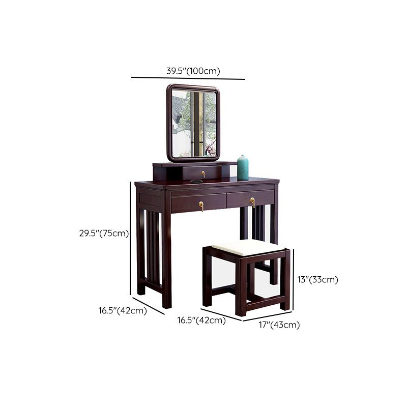 Tocador de tocador con espejo tradicional tocador de madera maciza con taburetes en marrón