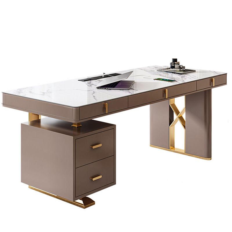 Bureau de bureau en pierre moderne bureau de tâche de forme rectangulaire avec 2 lames en blanc et gris