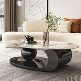 Elliptical Stone Glam Abstract Coffee Cocktail Table with Floor Shelf