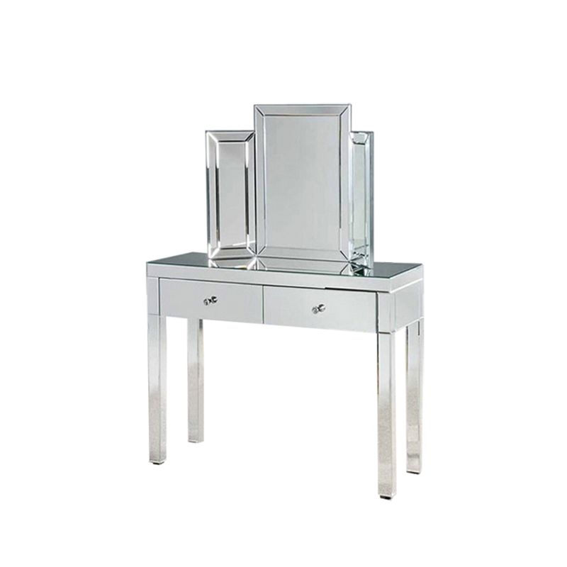 Glass Vanity Set with Tri-Fold 13.77" Wide Make-up Vanity with 2 Storage Drawers Clearhalo 'Bedroom Furniture' 'furn' 'furn_makeup_vanities' 'Furniture' 'Makeup Vanities' 'makeup_vanities' 1200x1200_97053eac-4711-4c58-975b-a8319435d3c9