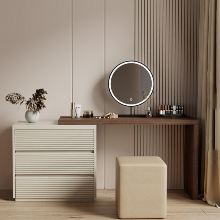 Wooden Bedroom Lighted Mirror With Drawer Makeup Vanity Desk