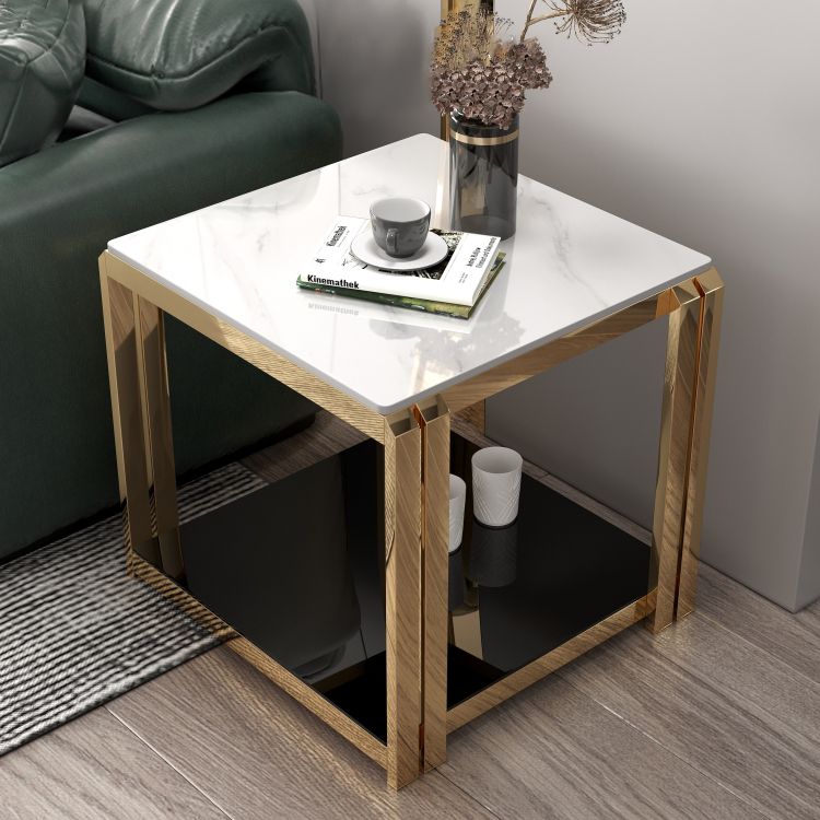 Mid-Century Modern Stone Top End Table Stainless Steel Frame Sofa Side Table Clearhalo 'Coffee & Accent Tables' 'End & Side Tables' 'end_side_table' 'end_side_tables' 'furn' 'furn_end_side_tables' 'Furniture' 'furniture_end_side_table' 'Living Room Furniture' 1200x1200_9708e96e-e936-4c0f-9f9c-eb03552fa3de