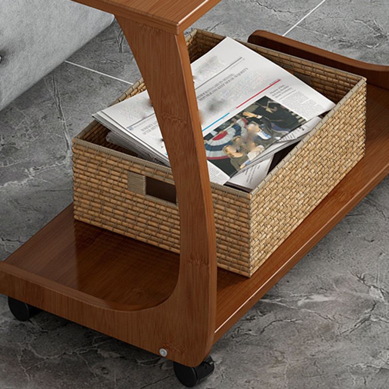 Bamboo Sofa Side Accent Table in Brown Modern 1 - Shelf End Table with Casters