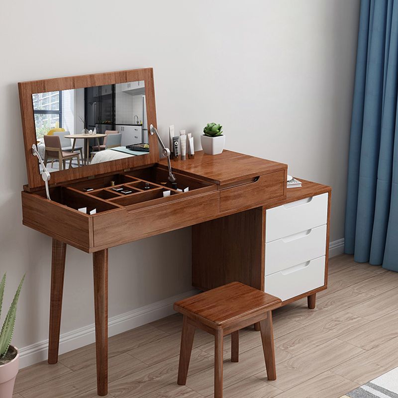 Scandinavische houten ijdelheid set flip-top make-upkapidaal met 4 laden