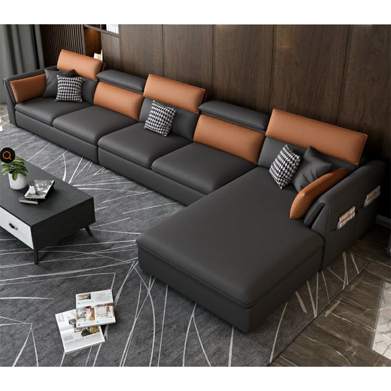 Stain-Resistant Faux Leather Flared Arm Sectional with Pillowed Back Cushions Clearhalo 'furn' 'furn_sectionals' 'Furniture' 'furniture_sectionals' 'kitchen' 'kitchen_sectionals' 'Living Room Furniture' 'Sectionals' 1200x1200_97aea63d-9d1e-451e-9981-7e6fe7ea2c25