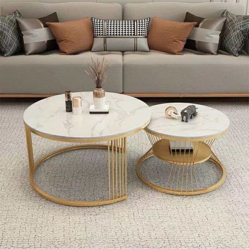 Round White Slate Coffee Table with Shelf Frame Base 2 Nestling Cocktail Table Clearhalo 'Coffee & Accent Tables' 'Coffee Tables' 'coffee_tables' 'furn' 'furn_coffee_tables' 'Furniture' 'furniture_coffee_tables' 'Living Room Furniture' 1200x1200_97b6c31a-5b62-437c-a67d-a3472bbe58c5
