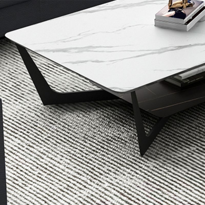 Rectangle Stone Top Cocktail Table with Cross Leg and Storage Shelf