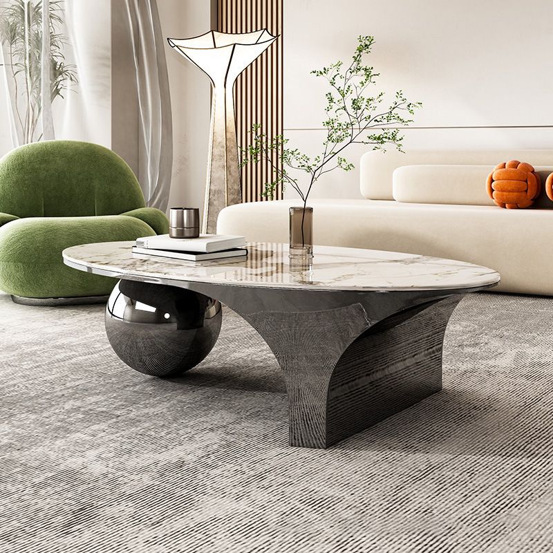 Oval Stone Top Coffee Table with Steel Base 51.18" Long 27.56" Wide Clearhalo 'Coffee & Accent Tables' 'Coffee Tables' 'coffee_tables' 'furn' 'furn_coffee_tables' 'Furniture' 'Living Room Furniture' 1200x1200_97efa422-1a92-45e7-940e-8f6ffd06ed51