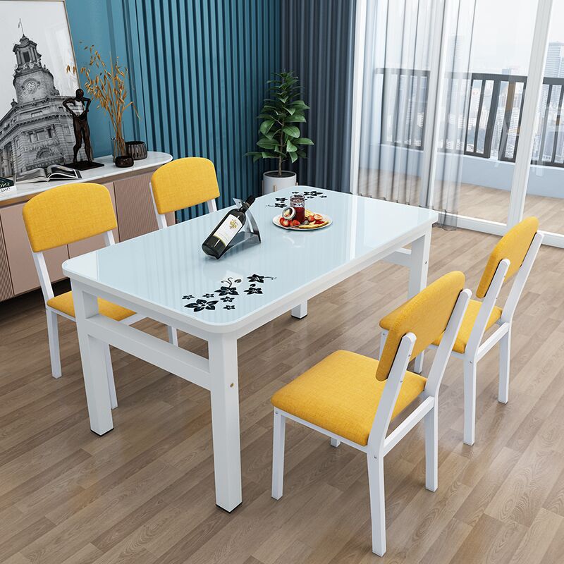 Contemporary White Rectangle Glass Top Dining Table with 4 Foot
