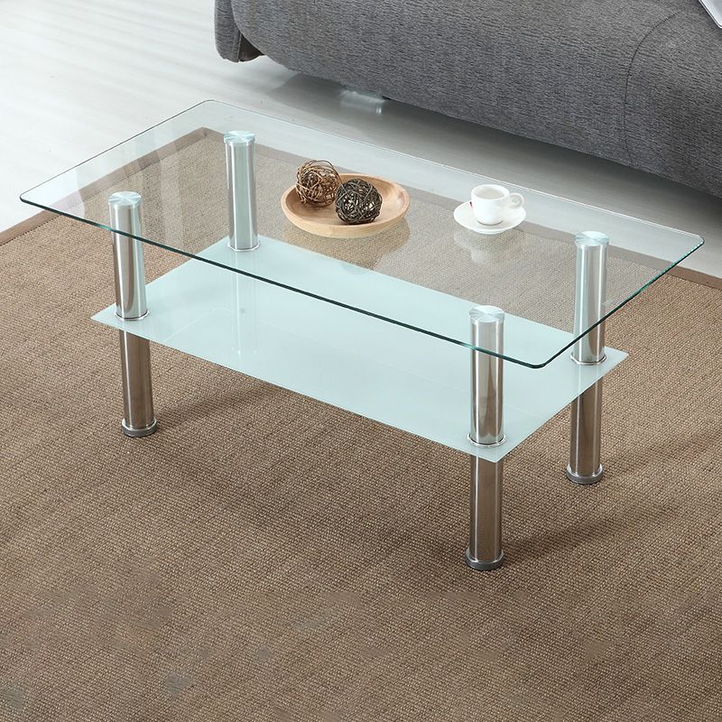 16.9" Tall Modern Stainless Steel 4 Legs Rectangular Glass Top Coffee Table with Shelf Clearhalo 'Coffee & Accent Tables' 'Coffee Tables' 'coffee_tables' 'furn' 'furn_coffee_tables' 'Furniture' 'Living Room Furniture' 1200x1200_981a7b00-4c5c-4c8b-965f-299773c2b07c