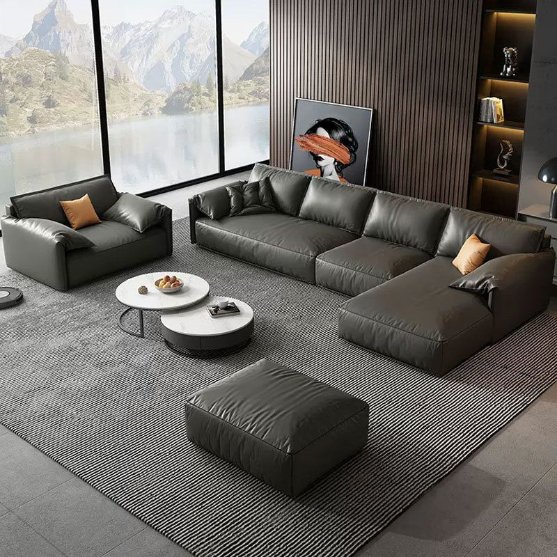 Echte lederen sectionals 70 "houtstationaire sectionals in zwart