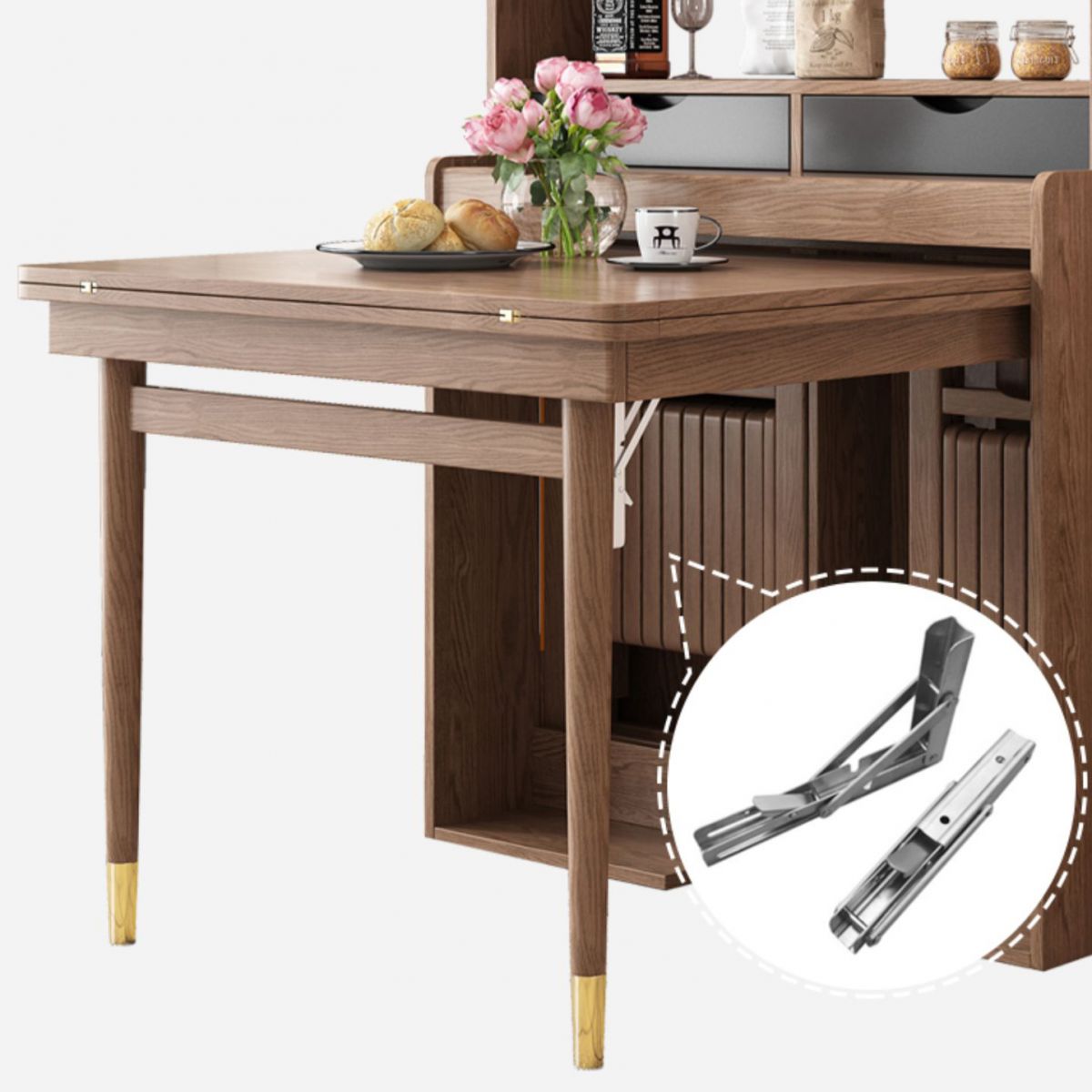 Mesa de comedor con estructura de madera maciza, mesa de comedor plegable rectangular con almacenamiento