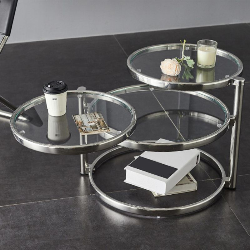 Extendable Coffee Table with Glass Round Top and Stainless Steel Base Clearhalo 'Coffee & Accent Tables' 'Coffee Tables' 'coffee_tables' 'furn' 'furn_coffee_tables' 'Furniture' 'Living Room Furniture' 1200x1200_986edbca-de11-4880-ad98-f65c06f92b1b