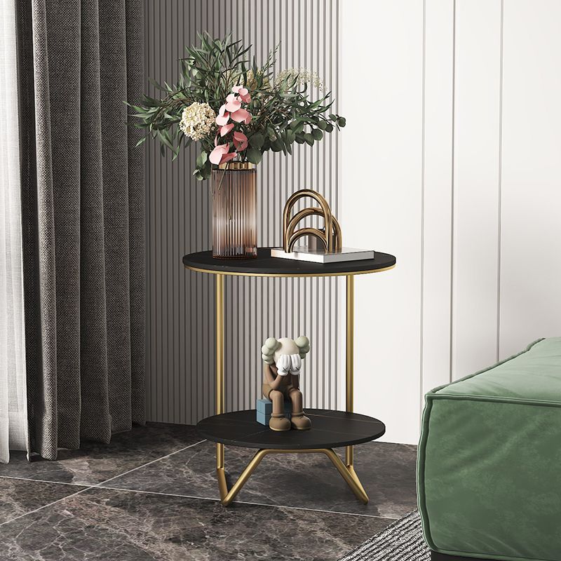 Modern Metal C Side Table Round Slate Side End Table with Shelf