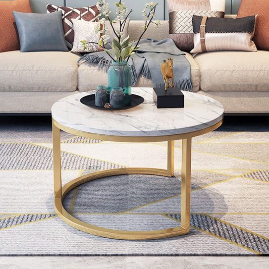 Mesa de café de la base de pedestal glamoroso con tapa de piedra y base de metal