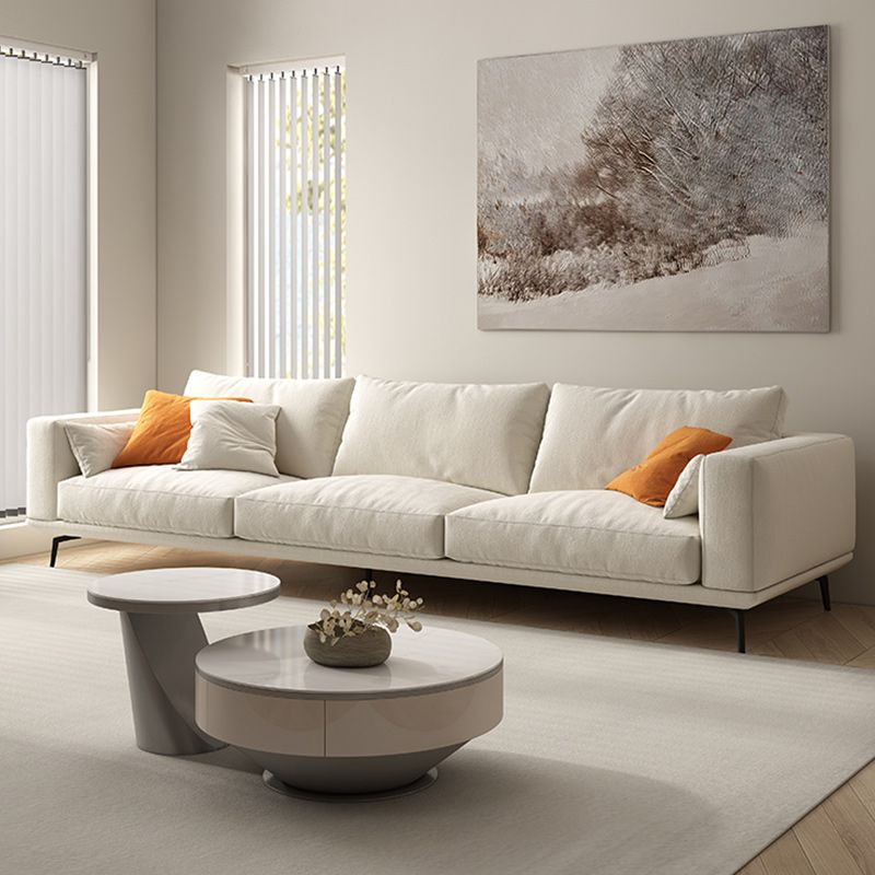 Square Arm Loose Back Sofa and Chaise Slipcovered White Fabric Sofa