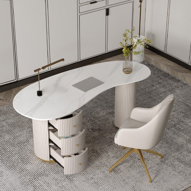 Glam Stone Writing Desk 29.53-inch Tall White Office Desk with Drawers Clearhalo 'furn' 'furn_office_desk' 'Furniture' 'Office Desks' 'Office Furniture' 'office_desk' 1200x1200_98a08511-6d45-44ea-87d2-ba161e8a1742