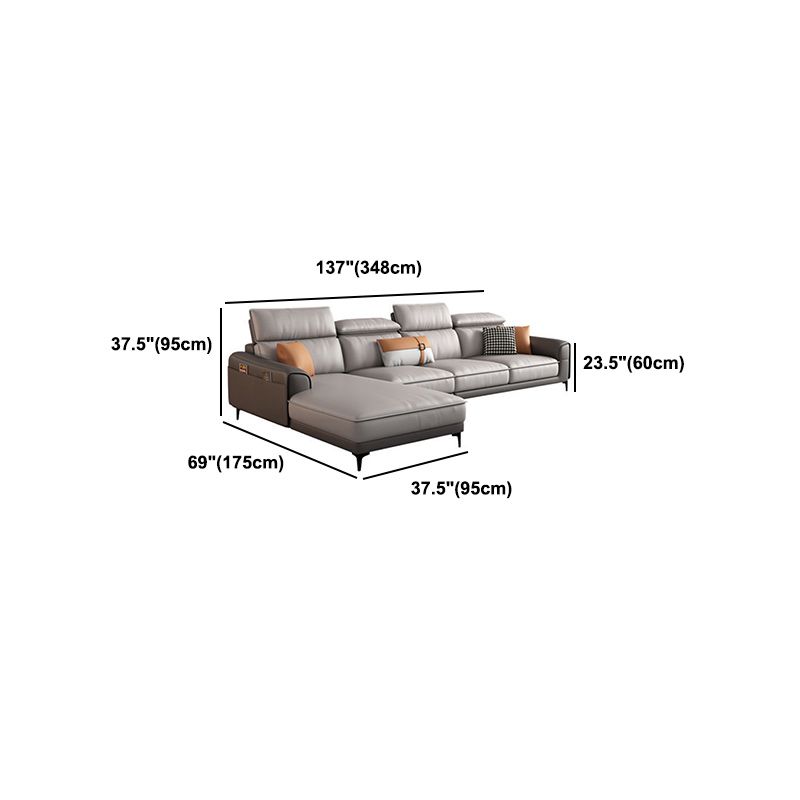 Faux lederen vierkante arm sectionals, 137 "l sectioneel grijs met kussens metalen benen