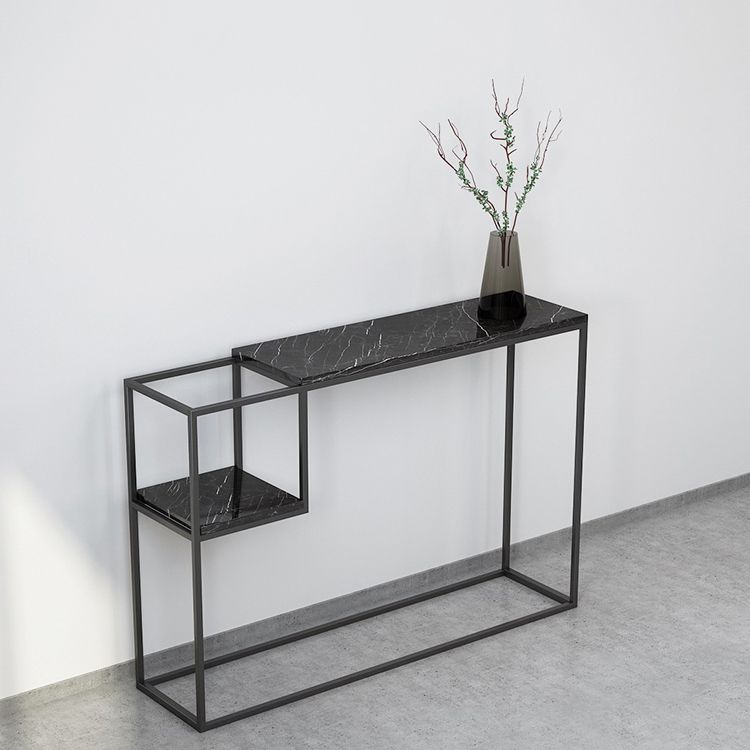 Tabella della console superiore in marmo rettangolo con scaffale di stoccaggio e base di ferro