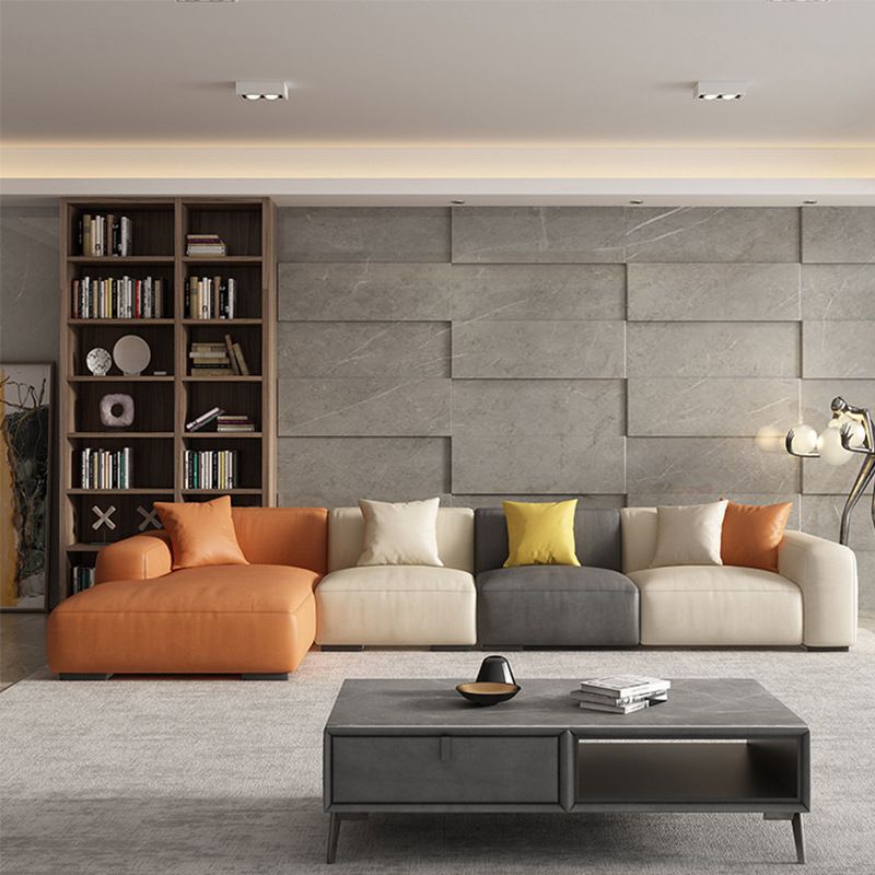 Modern Loose Back Sofa & Chaise 137.8"L*66.93"W*23.62"H Faux Leather Recessed Arm Sofa Clearhalo 'furn' 'furn_sectionals' 'Furniture' 'furniture_sectionals' 'Living Room Furniture' 'Sectionals' 1200x1200_98f589c1-13f7-4b3a-9fb0-77c34b72c54e