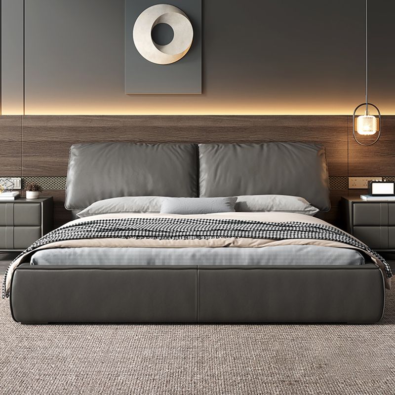 Glam Grey Bed Frame Pine Wood Upholstered Headboard Standard Bed Solid Color