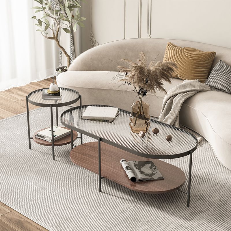 Glass Cross Legs Cocktail Table with Wood Accents Elliptical Coffee Table